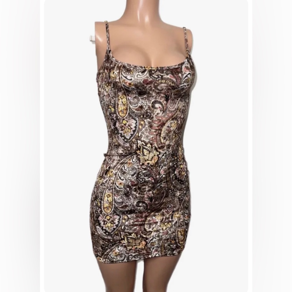 Sexy brown paisley velour mini cleavage dress new Y2K New Party L Faircore Vtg-y